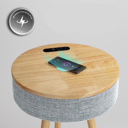 Minimalist Wooden Table with Bluetooth Speaker Wireless Charging